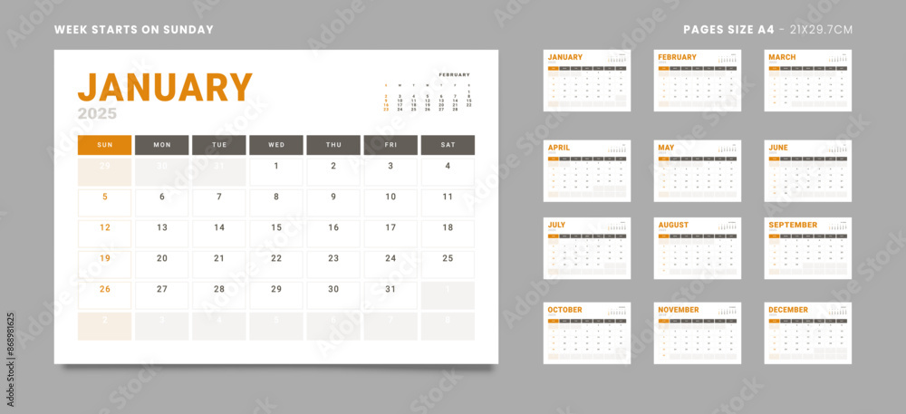 Set of 12 Pages Monthly Calendar Planner Templates on 2025 year. Vector mockup of a wall or desktop calendar with the week start on Sunday for print in grey and red color. Pages size Letter -8.5x11 in Set of 12 Pages Monthly Calendar Planner Templates on 2025 year. Vector mockup of a wall or desktop calendar with the week start on Sunday for print in grey and red color. Pages size Letter -8.5x11 in