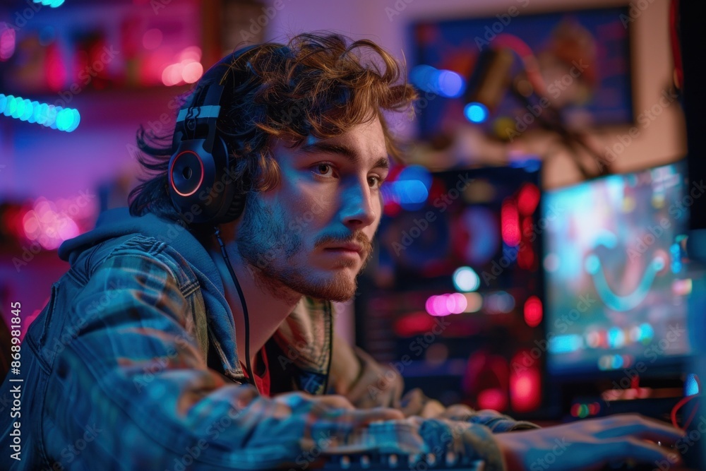 Young Male Video Blogger Streaming Video Games at Night Young Male Video Blogger Streaming Video Games at Night