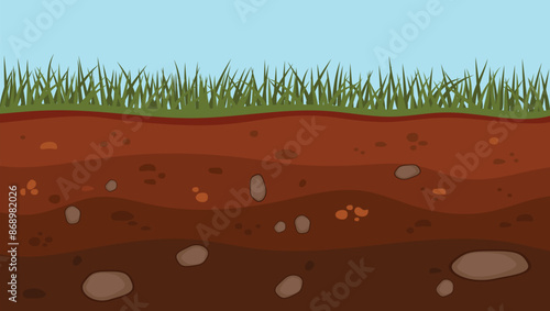 Soil layers vector illustration. Dirt and underground clay layer under green grass