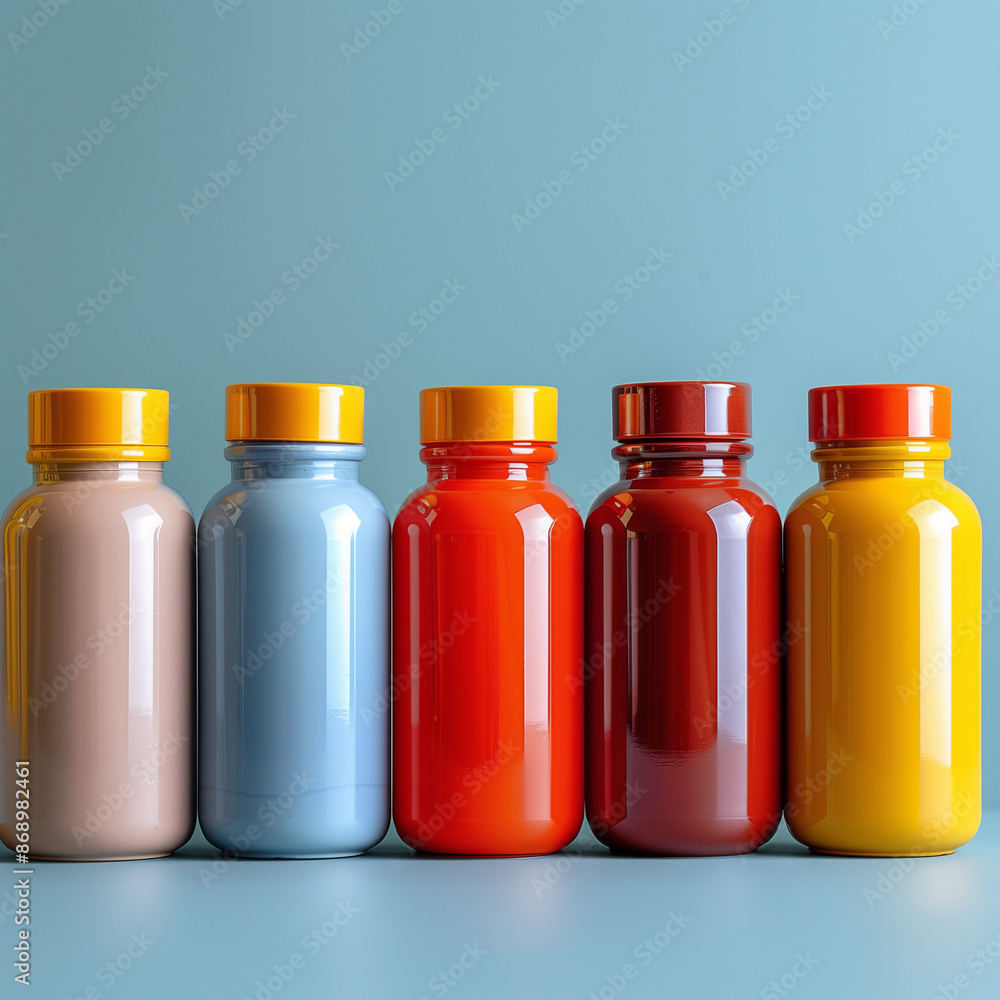a row of colorful bottles on a blue background
a row of colorful bottles on a blue background