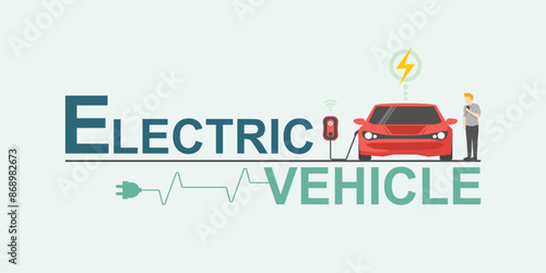 Electric car connected plug in charging station, Innovative smart vehicles energy saving and environmental protection, Renewable energy, Sustainable ecology and Technology for Green city low carbon.