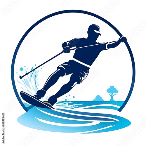 Wakeboarding Silhouette: Dynamic water sport action captured in a sleek silhouette, set against a vibrant blue circular frame. Ideal for logos, apparel, and promotional materials. 