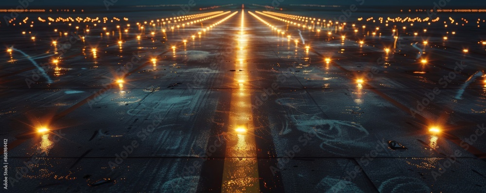 A detailed view of airport runway lights illuminating the night sky A detailed view of airport runway lights illuminating the night sky