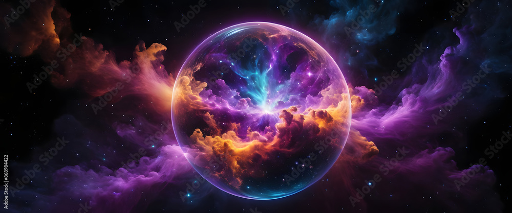 An illustration of a glowing blue fractal ball in a swirling motion against a futuristic space background