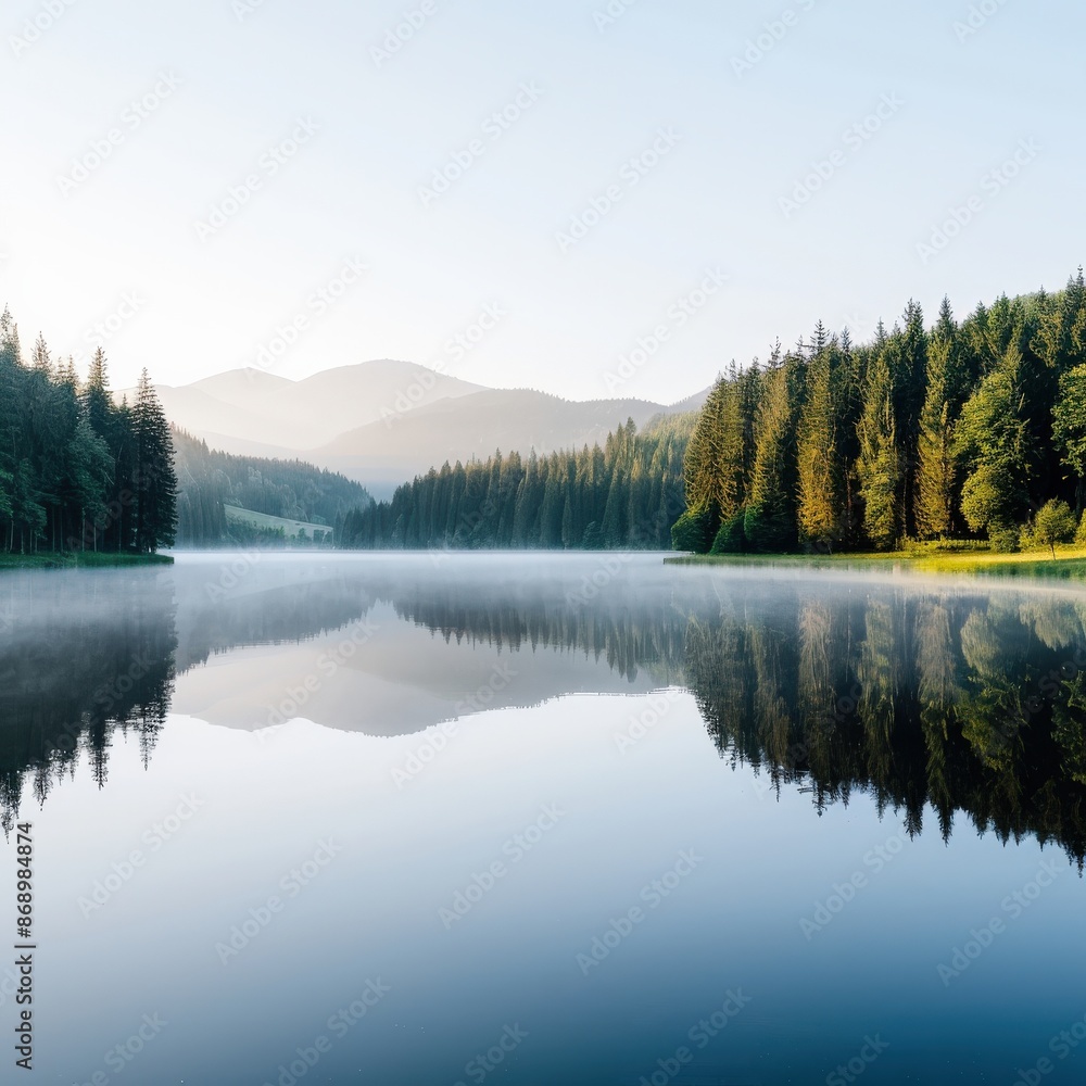 Serene mountain lake with a reflection of the surrounding forest and distant peaks in the still water. The air is clear and calm. Serene mountain lake with a reflection of the surrounding forest and distant peaks in the still water. The air is clear and calm.