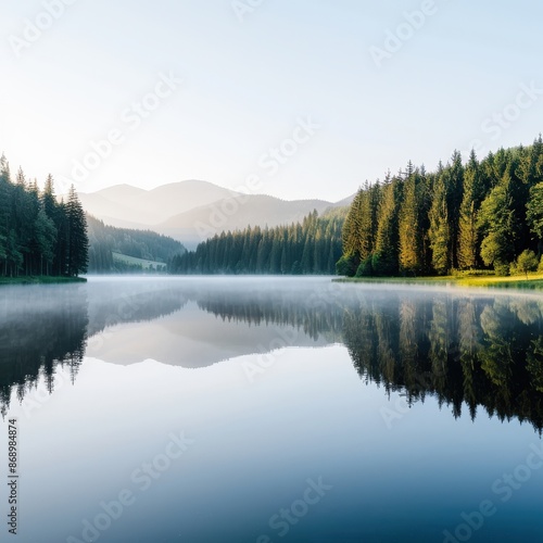 Serene mountain lake with a reflection of the surrounding forest and distant peaks in the still water. The air is clear and calm.