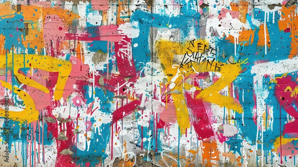 Fototapeta premium Weathered Concrete Wall: Seamless Pattern of Colorful Graffiti