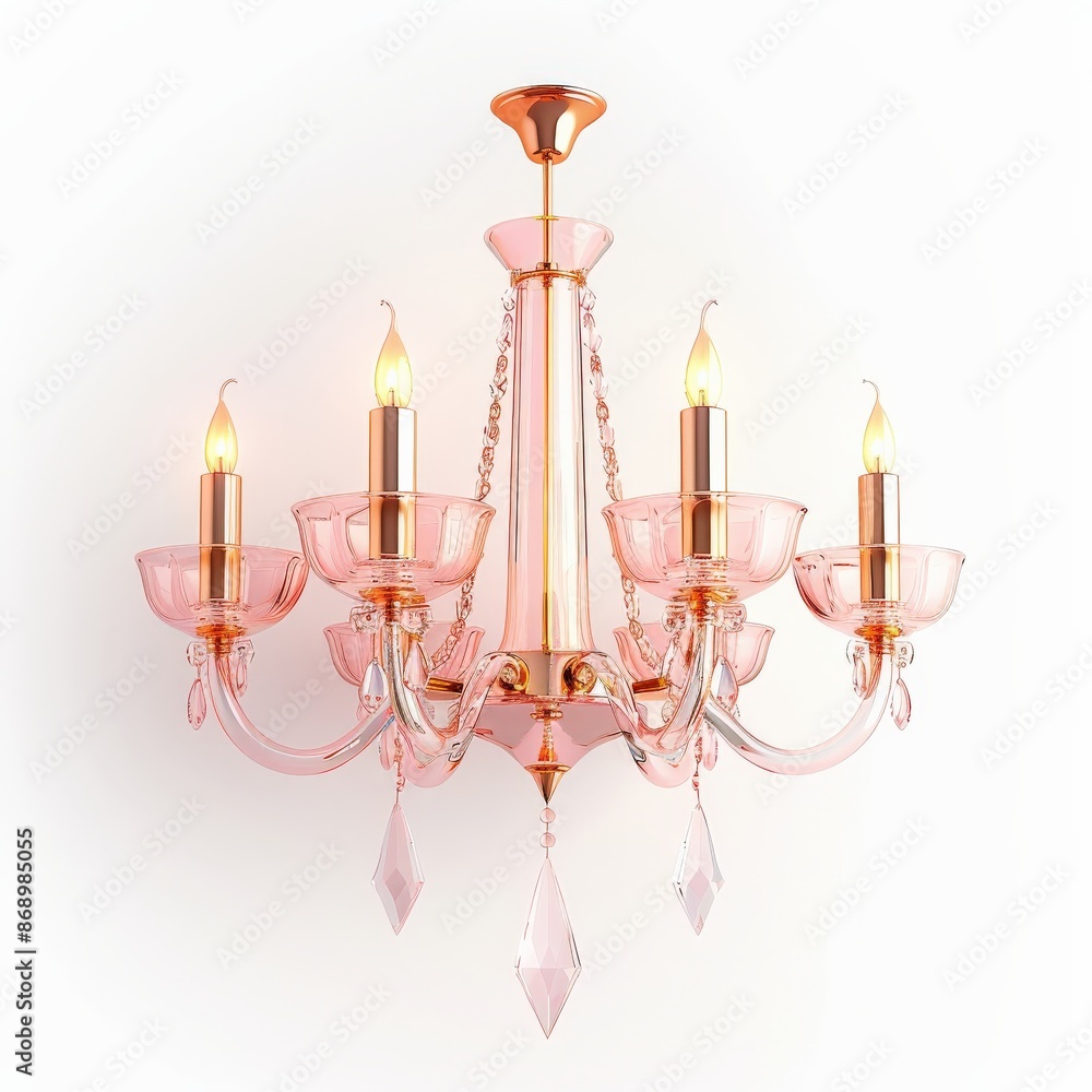 Pink crystal chandelier with six lights, isolated on white background. Pink crystal chandelier with six lights, isolated on white background.