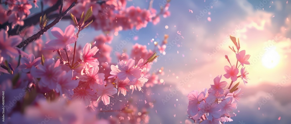 romantic japanese garden scene featuring a blooming cherry blossom branch with fresh green leaves and a soft light background romantic japanese garden scene featuring a blooming cherry blossom branch with fresh green leaves and a soft light background