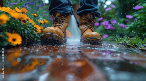A person with boots jumps into a water puddle outside, A man using pressure washer to clean patio decking, A close-up of someone stepping into a water puddle, splashing with autumn leaves around