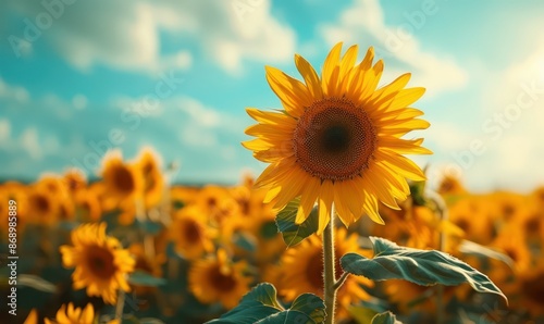 A vibrant field of blooming sunflowers under a clear blue sky with fluffy clouds. Generate AI © VinaAmeliaGRPHIC