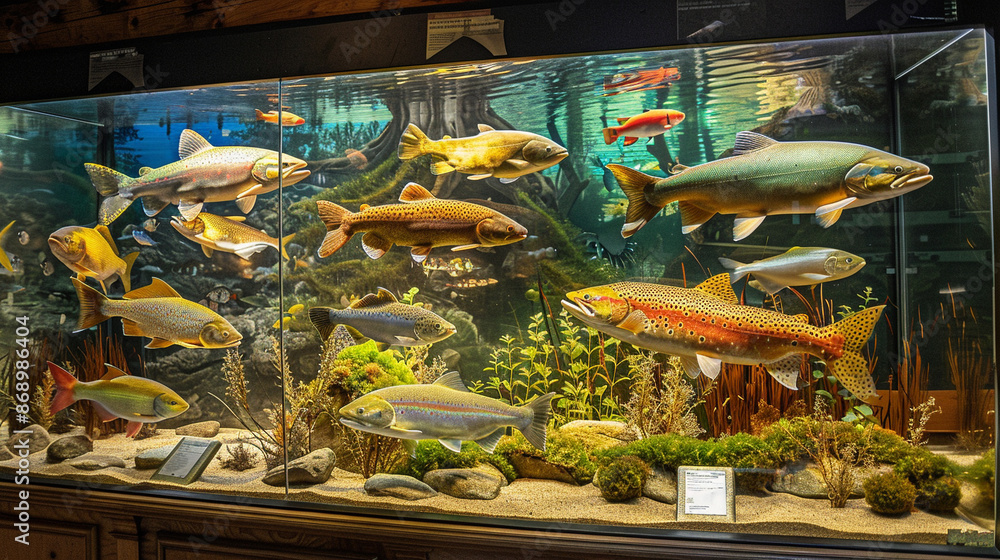 Display of freshwater fish in the museum, view from the side.. Display of freshwater fish in the museum, view from the side..