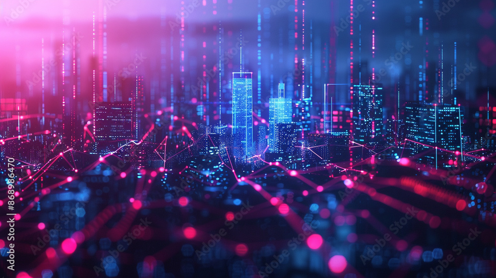 Obraz premium Digital cityscape with futuristic network connection. Technology concept.