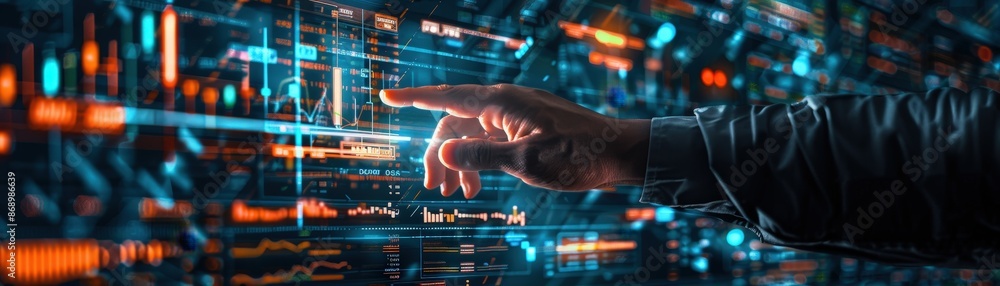 A close-up of a hand interacting with a futuristic digital interface, showcasing data and analytics in a high-tech environment. A close-up of a hand interacting with a futuristic digital interface, showcasing data and analytics in a high-tech environment.