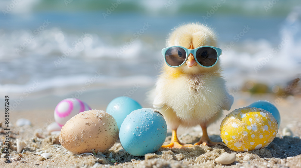 Obraz premium Yellow chick wearing sunglasses pose with eggs against a vibrant blue background , Sweet and funny baby chick wearing in fashion sunglasses 