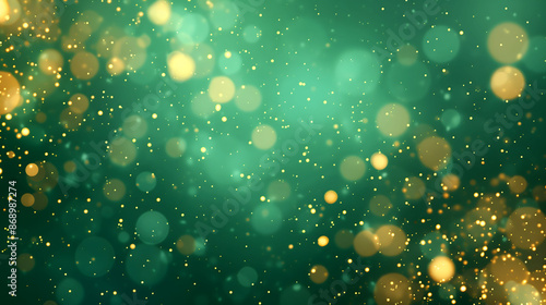 Abstract green background with golden bokeh lights and sparkles