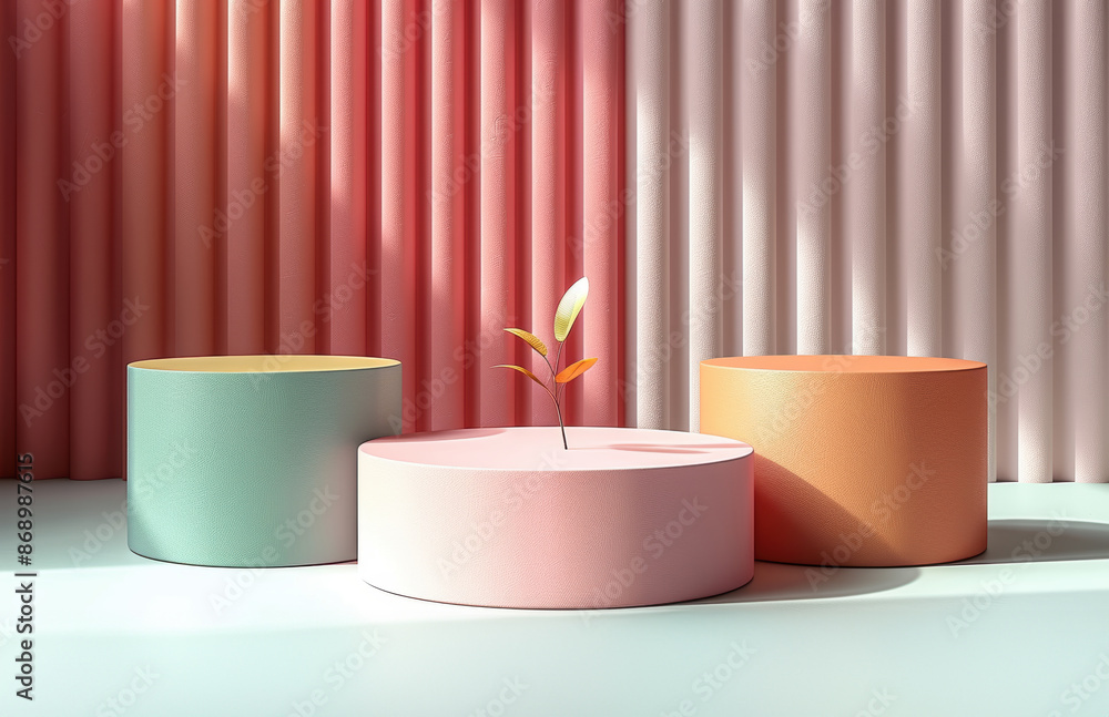 A pink podium with a plant on it. The podium is in front of a pink and white striped curtain. A pink podium with a plant on it. The podium is in front of a pink and white striped curtain.