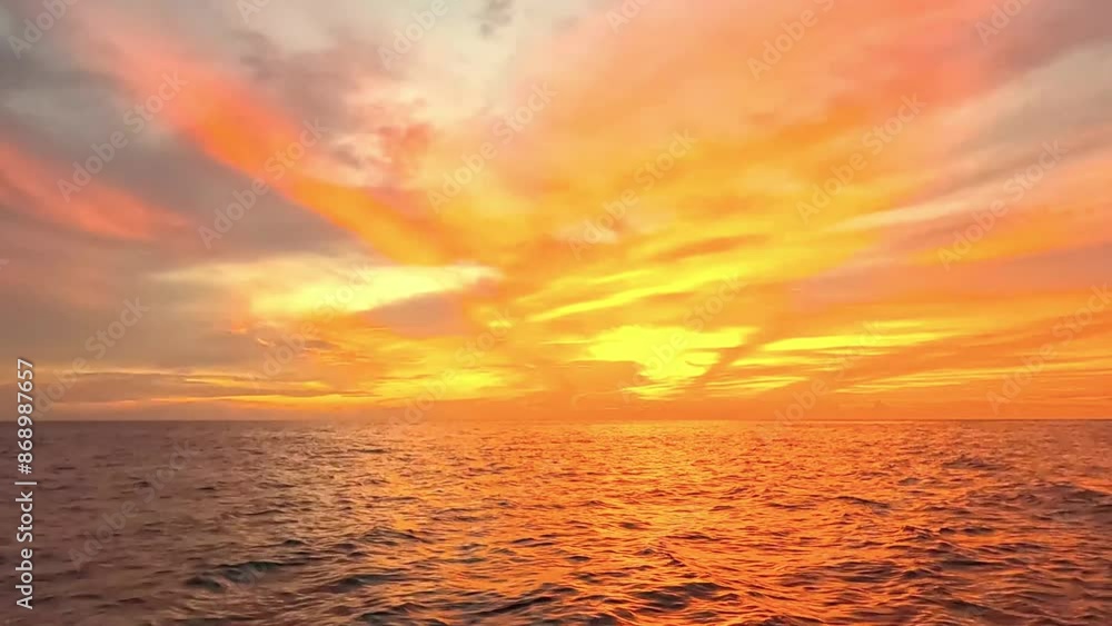 View of sunset horizon over the sea from a boat being sailed. Cinematic view of evening sunset in sky over sea. View of sunset horizon over the sea from a boat being sailed. Cinematic view of evening sunset in sky over sea.