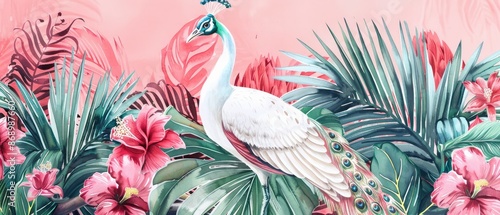 A majestic white peacock bird takes center stage amidst lush tropical palm leaf branches and vibrant flowers in a stunning watercolor