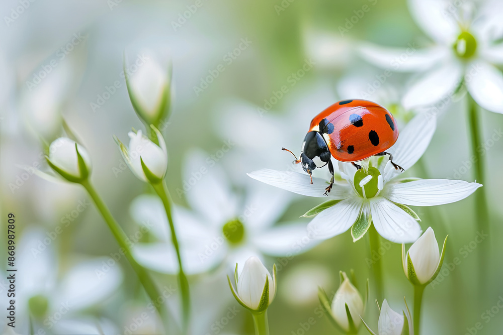 Fototapeta premium Ladybug on a blooming stellaria holostea flower, delicate nature