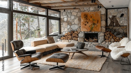 Sofa and chair in room with fireplace and stone walls. Modern Living Room Mid Century Home Interior Design.