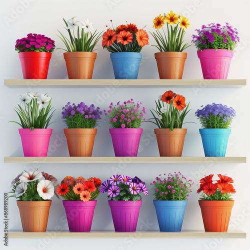 Multicolored flowers in multicolored pots on a white background, 3d