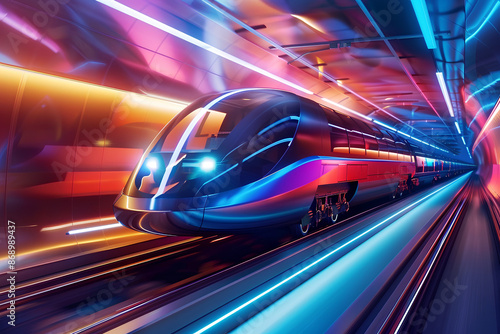 A futuristic train is traveling through a tunnel. The train is blue and red and has a bright light on the front. The tunnel is illuminated with neon lights, creating a futuristic.