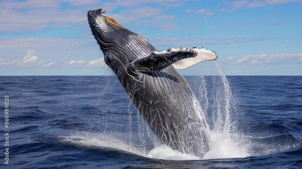 Fototapeta premium A humpback whale breaches the ocean's surface.