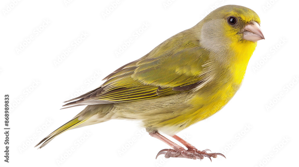 A yellow bird with a black beak is sitting on a white background A yellow bird with a black beak is sitting on a white background