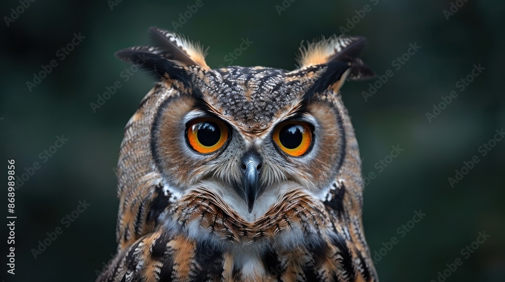 A close up of an owl with big orange eyes. A close up of an owl with big orange eyes.