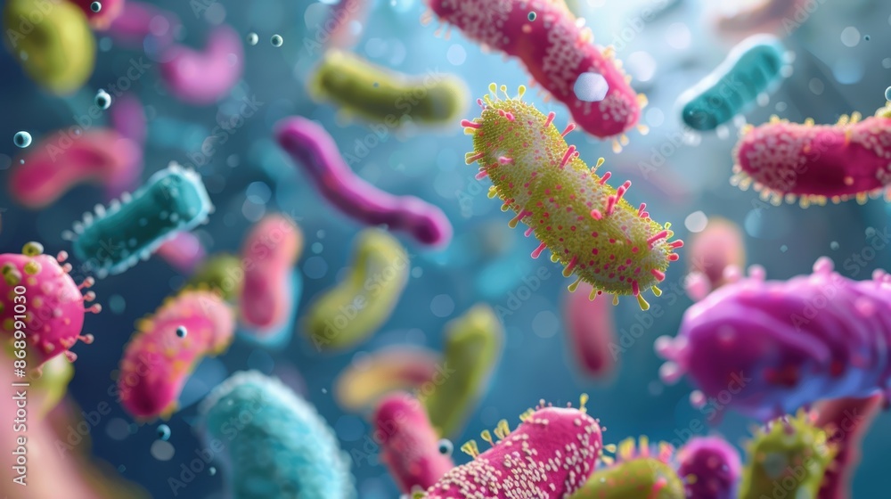 Naklejka premium A 3D rendering of a microscopic world, showing a variety of bacteria and other microorganisms. 