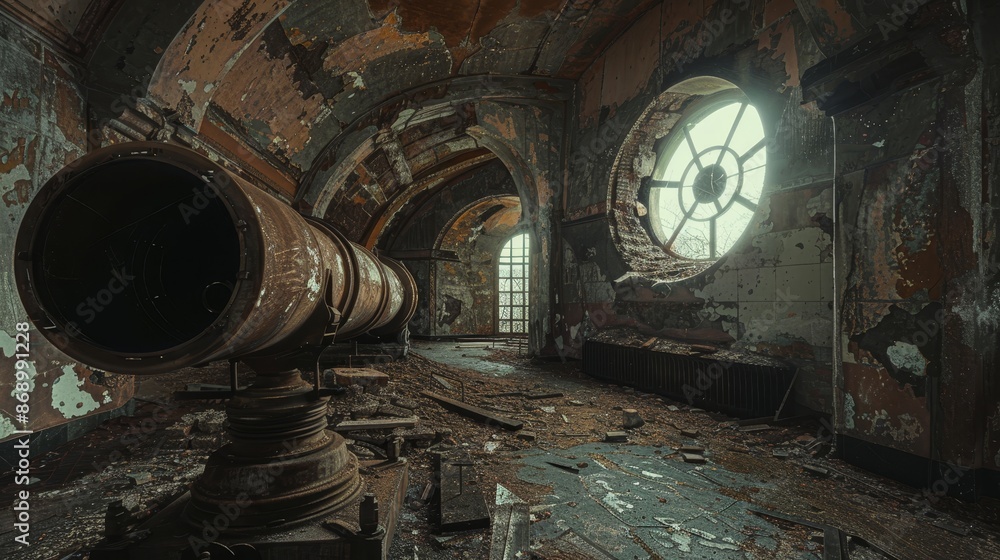 Abandoned observatory with a broken telescope, surrounded by a mystical void, eerie atmosphere, intricate details, hauntingly beautiful Abandoned observatory with a broken telescope, surrounded by a mystical void, eerie atmosphere, intricate details, hauntingly beautiful