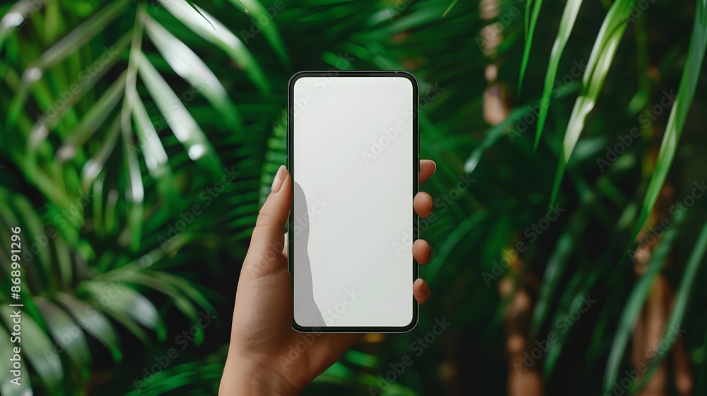 Naklejka premium mock up phone in woman hand showing white screen. 