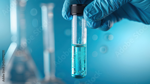 A gloved hand holding a test tube with a blue liquid in it.