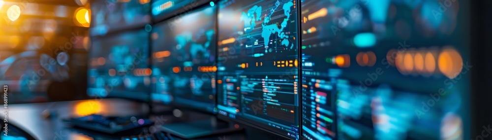 Close-up of a server room with multiple screens displaying data and graphs. Close-up of a server room with multiple screens displaying data and graphs.