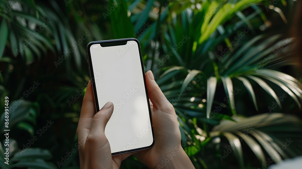 mock up phone in woman hand showing white screen. mock up phone in woman hand showing white screen.