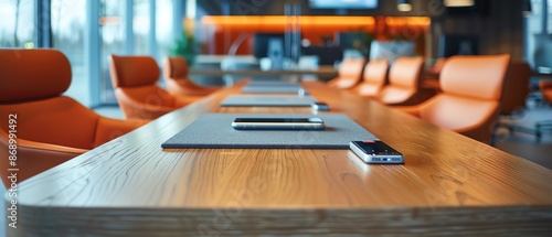 Modern office with a wooden table and orange chairs photo