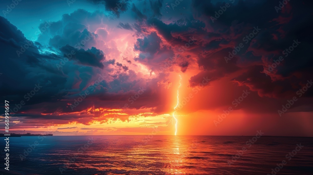a dramatic lightning storm over the ocean. The dark clouds are lit up by the bright lightning bolts, and the waves are crashing against the shore. a dramatic lightning storm over the ocean. The dark clouds are lit up by the bright lightning bolts, and the waves are crashing against the shore.