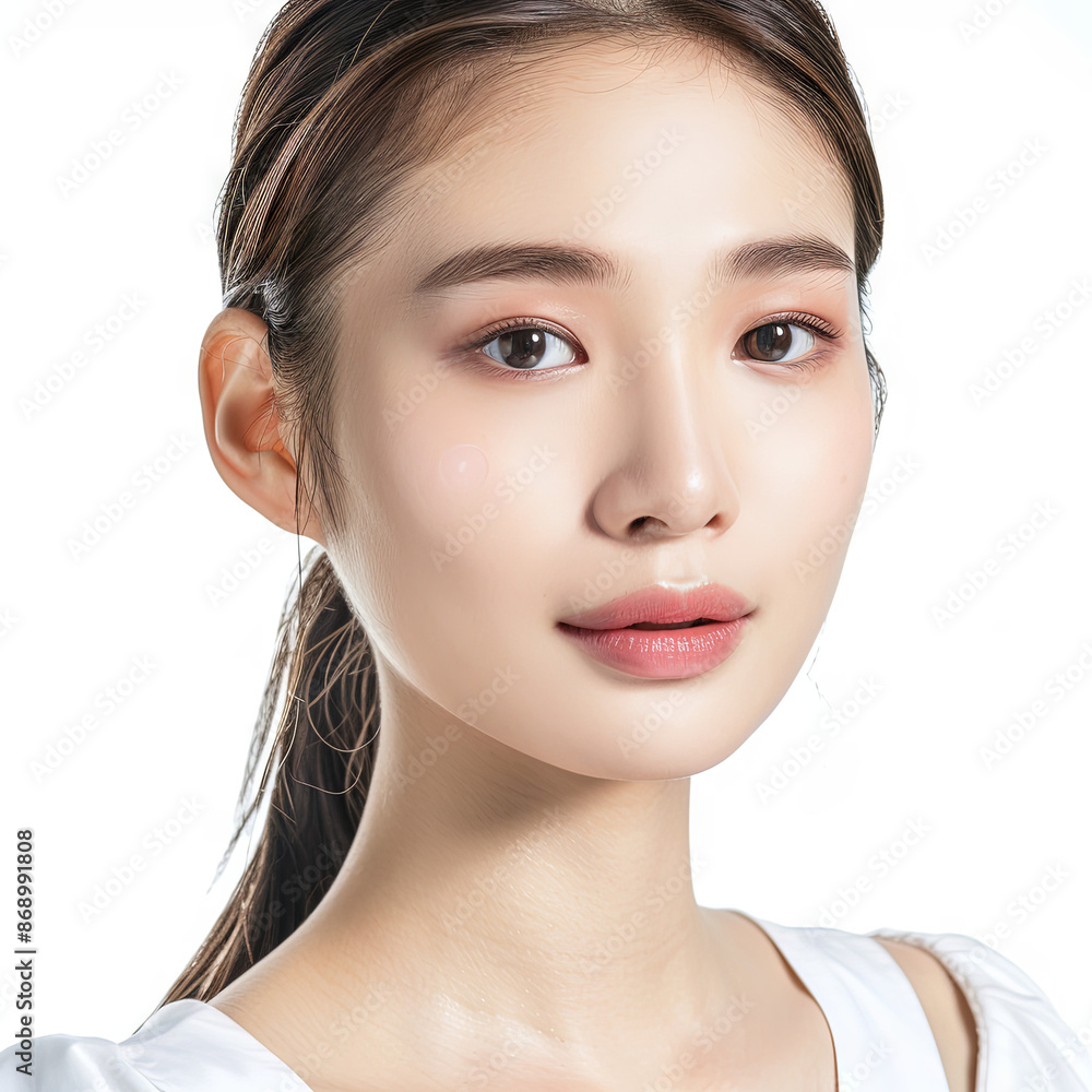 Fototapeta premium Close-up portrait of young Asian beautiful woman with K-beauty make up style and healthy and perfect skin isolated on white background for skincare commercial product advertising