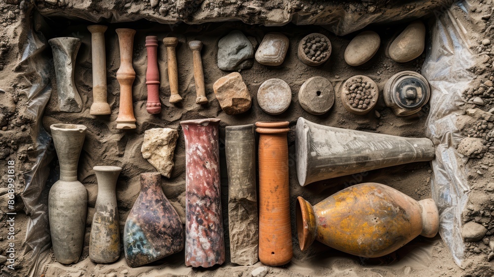 A Collection Of Ancient Artifacts Including Pottery Tools And 