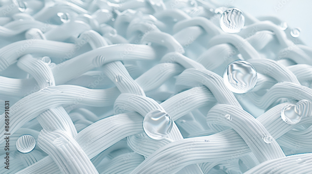 Obraz premium 3D illustration of white woven fabric with water droplets floating above it, the background is light blue and white