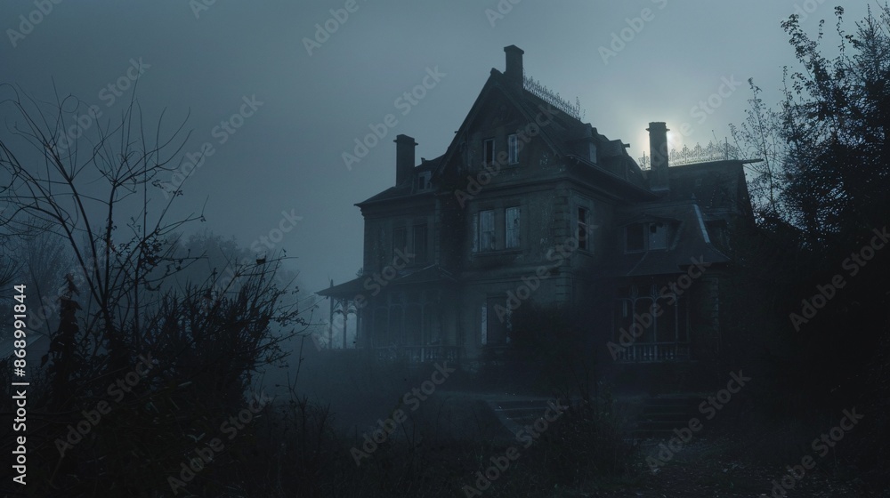 Wide shot of a haunted house with dark grey tones and backlight Wide shot of a haunted house with dark grey tones and backlight