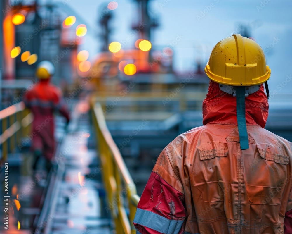 Detailed view of workers wearing protective gear at an oil refinery site Detailed view of workers wearing protective gear at an oil refinery site