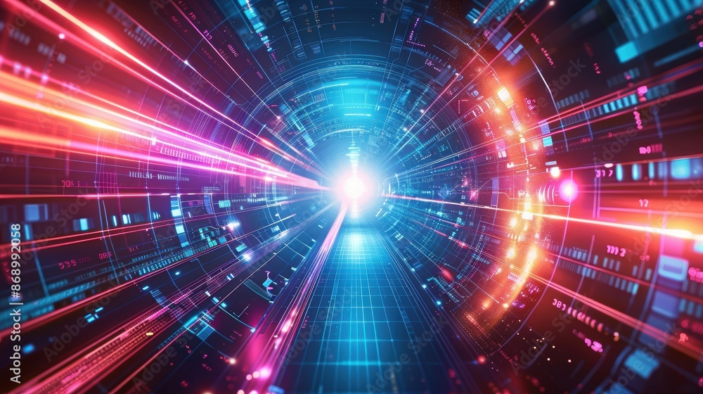 A glowing blue and red digital tunnel with a bright white light at the end. A glowing blue and red digital tunnel with a bright white light at the end.