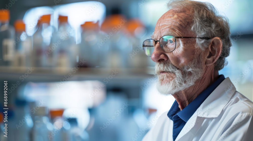 A senior scientist wearing glasses looks thoughtfully into the distance. He is standing in a laboratory and is surrounded by shelves of chemicals and equipment. A senior scientist wearing glasses looks thoughtfully into the distance. He is standing in a laboratory and is surrounded by shelves of chemicals and equipment.