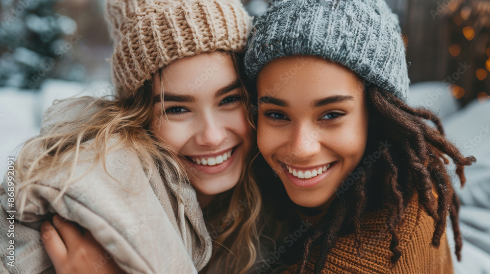 Two friends are smiling and hugging each other outside in the snow. They are both wearing winter hats and scarves. Two friends are smiling and hugging each other outside in the snow. They are both wearing winter hats and scarves.