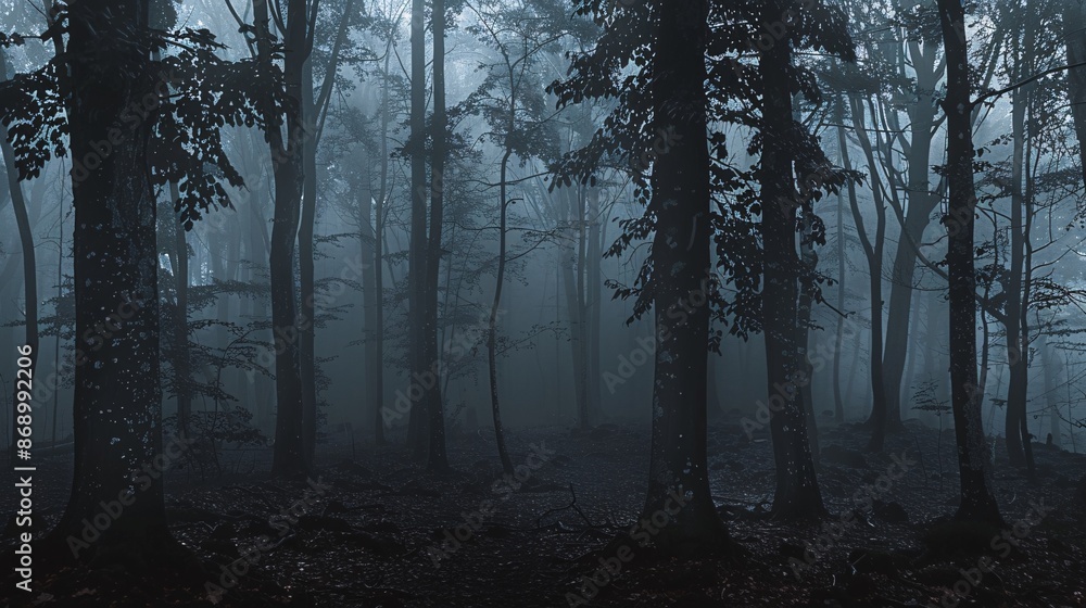 Obraz premium Wide shot of a spooky forest with dark grey tones and backlight