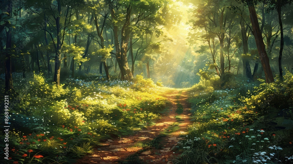 Fototapeta premium A beautiful forest path, with long overgrown plants and flowers on both sides. 