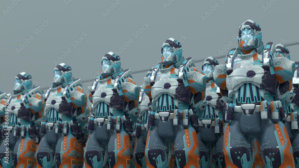 Naklejka premium A squad of robots, Space Guard soldiers in formation, 3d rendering