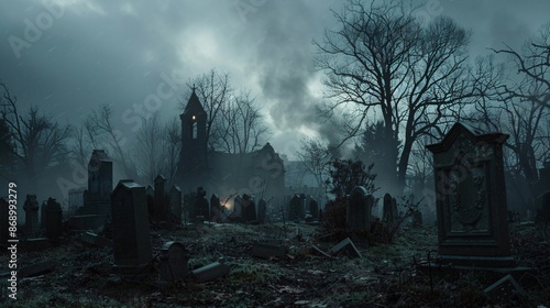 Wide shot of a spooky graveyard with dark grey tones and backlight